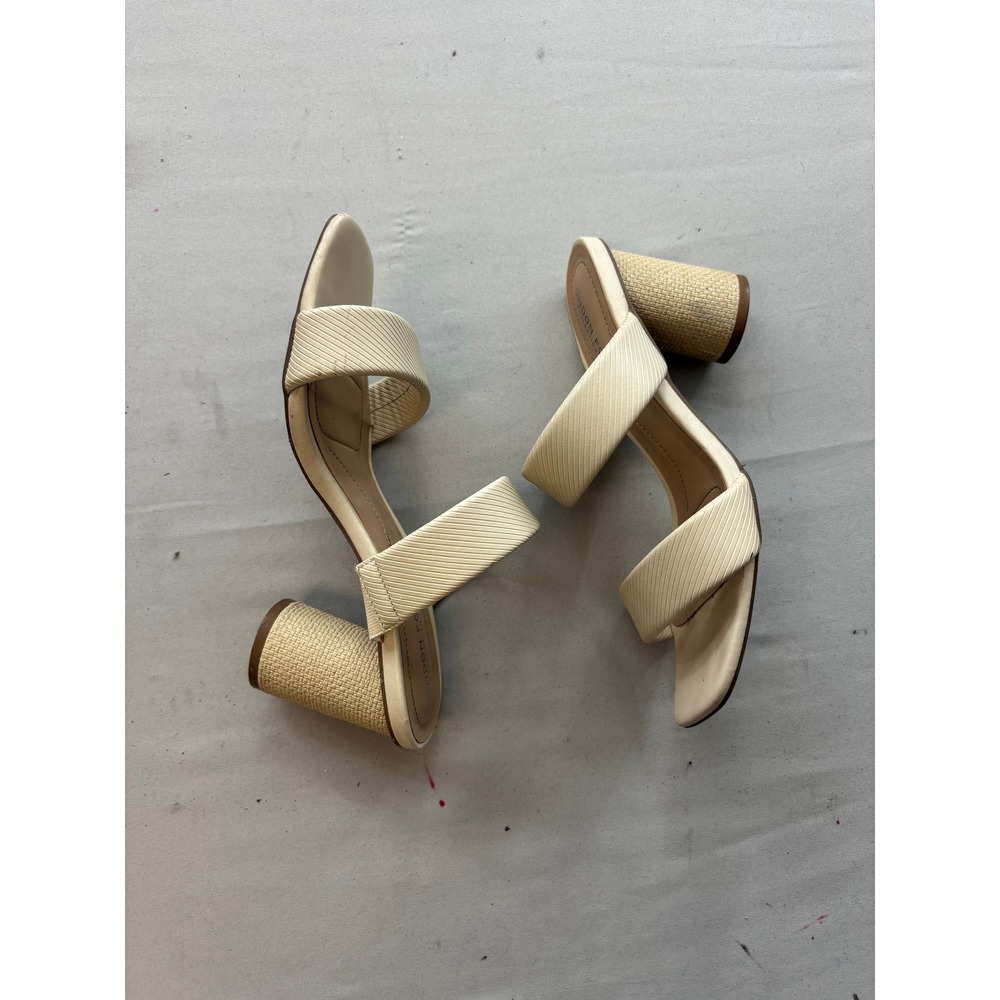 London Fog Collection Cream Ribbed Double Strap Raffia Block Heel Sandals Size 8